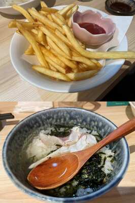 20240928_ステーキファイブと寿司六 大阪駅前第2ビル店_フライドポテト-お茶漬け鮭.JPG